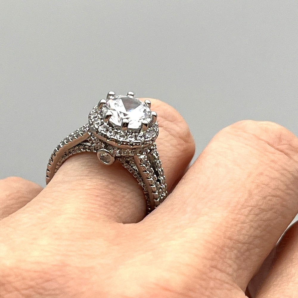 Moissanite Sterling Silver Halo Engagement Ring Round Cut Center Stone Size 6